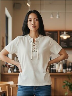 Calvin Klein Pure White Lace-Up Short Sleeve Tee with Eyelet Detail